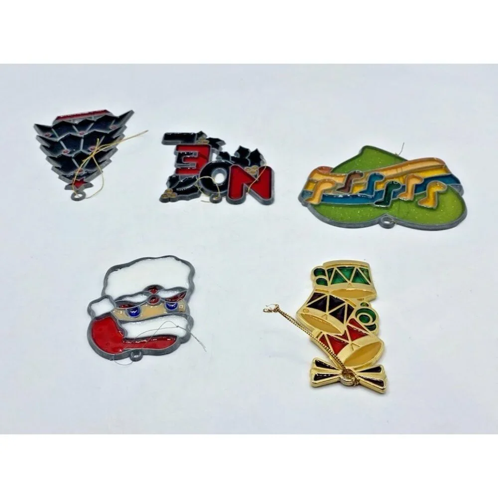 Lot 5 Vintage Plastic Christmas Ornaments Faux Stained Glass Suncatchers Decor